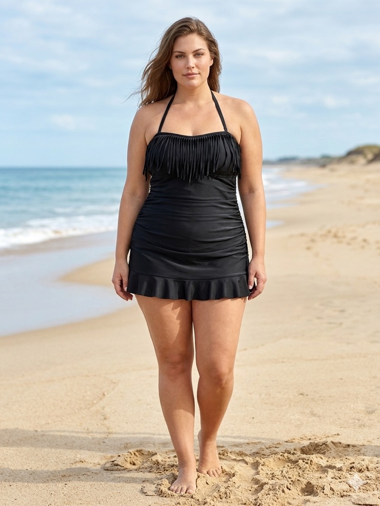 Black Swim Suit Dress Size 12 W/ Fringe Trim And Ruffled Hem Nwot.
